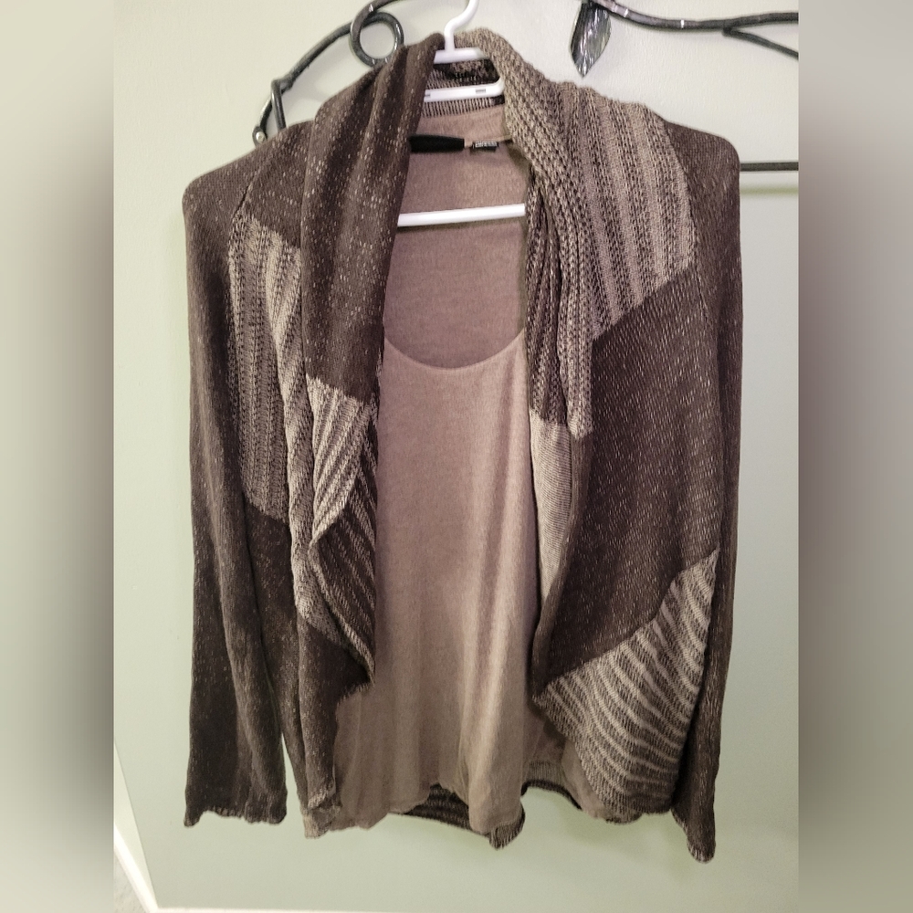 Tribal two-piece long sleeve top and cardigan in brown and taupe, size XL